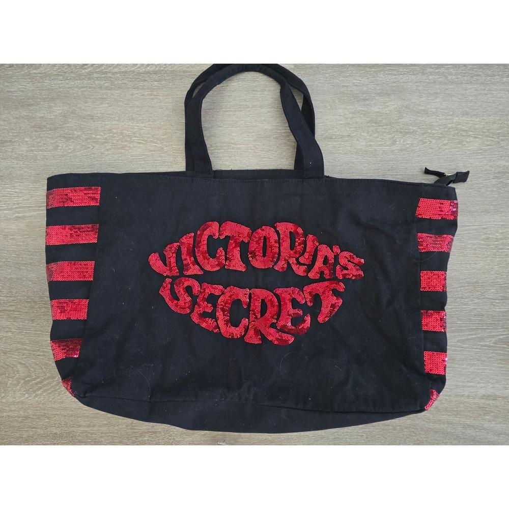 Victorias Secret Black Canvas Tote Bag Red Sequin Lips Logo Striped Zipper Large